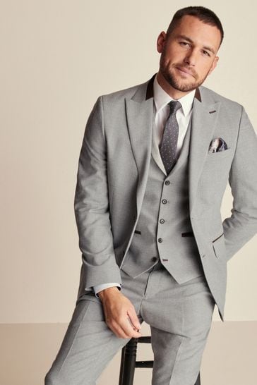 Grey Slim Tailored Herringbone Suit Jacket