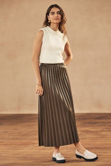 Tan midi skirt pleated hot sale