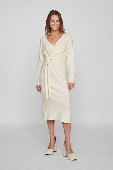 VILA Cream Long Sleeve Knitted Wrap Detail Cosy Jumper Dress
