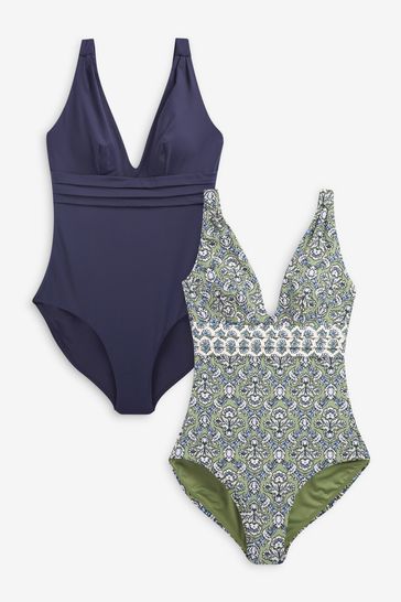 Navy Blue Khaki Green Woodblock Plunge Tummy Control Swimsuits 2 Pack
