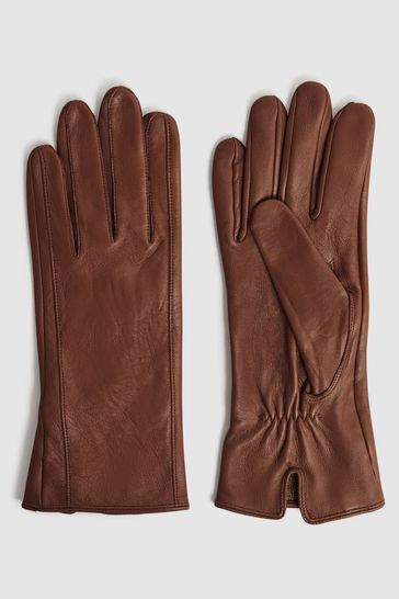 Reiss Tan Giselle Leather Ruched Gloves