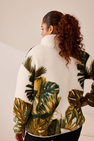 Ecru Cream Leaf Print Half Zip Fleece Borg Top