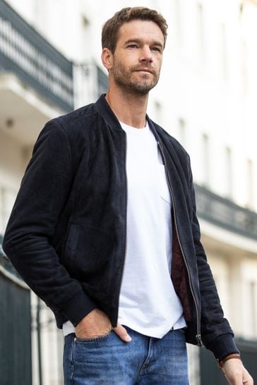 Mens navy suede bomber jacket clearance