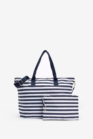 navy and white beach bag