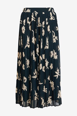 Navy Floral Pleated Skirt