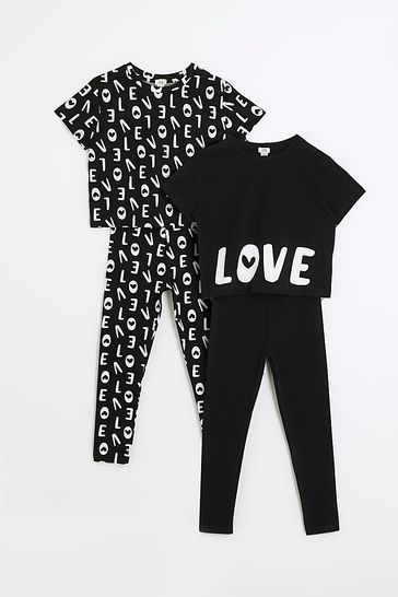 River Island Black Love Girls T-Shirt and Leggings Sets 2 Pack