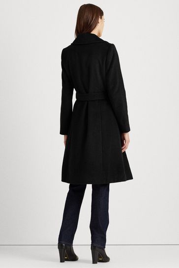 Lauren Ralph Lauren Black Belted Wool Blend Wrap Coat