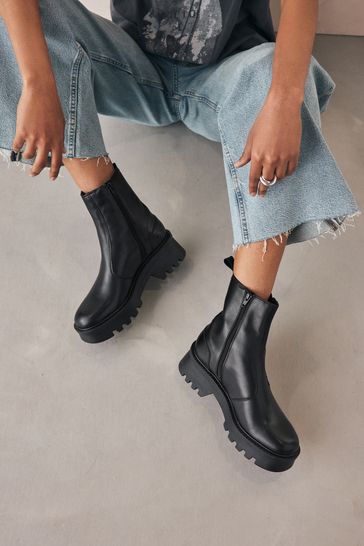 Black Forever Comfort Leather Chunky Chelsea Boots