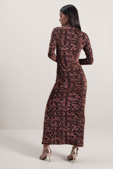 Buy Pink Geo Sparkle Long Sleeved Ruched Midi Dress from Next Luxembourg