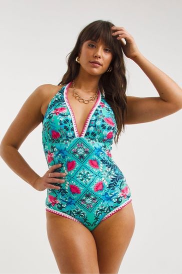 Buy Figleaves Blue & Pink Floral Print Frida Halter Swimsuit from