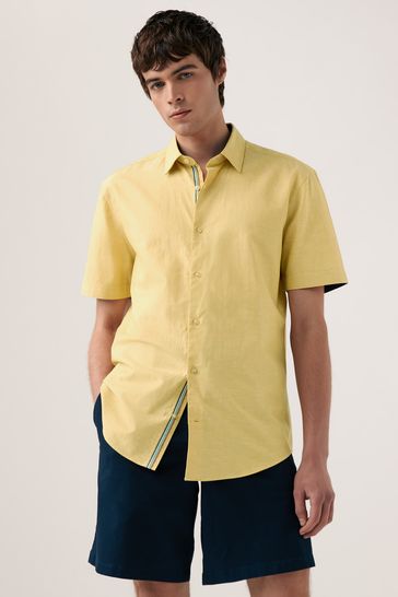 Yellow Regular Fit Trimmed Linen Blend Short Sleeve Shirt