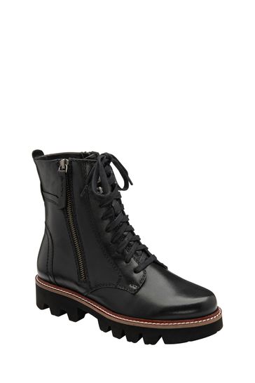 Ravel Black Leather Cleated Sole Lace Up Ankle Boots