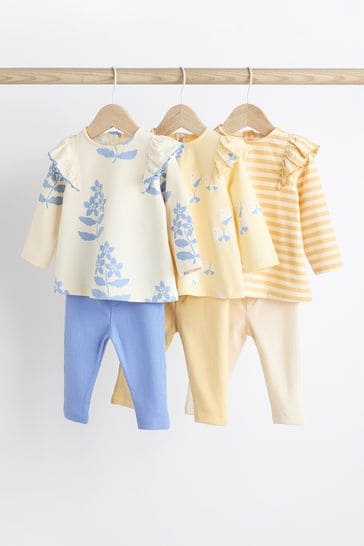 Blue/Yellow Floral/Stripe 6 Piece Baby T-Shirts and Leggings Set