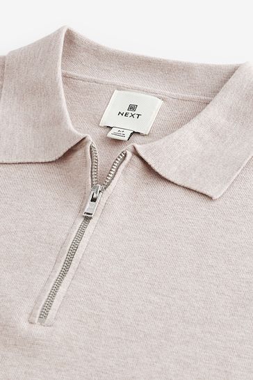 Buy Neutral Soft Touch Regular Fit Zip Neck Knitted Long Sleeve Polo Shirt from Next Turkey