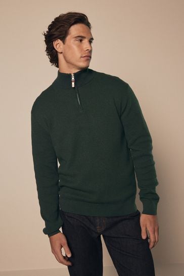 Buy Forest Green Plain Regular Fit 100 Cotton Premium Zip Neck Jumper from Next Turkey