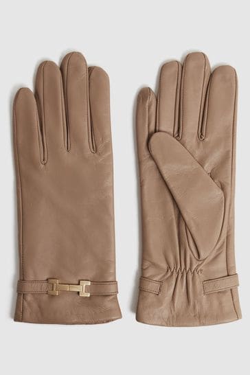 Reiss Camel Harriet Leather Hardware Gloves