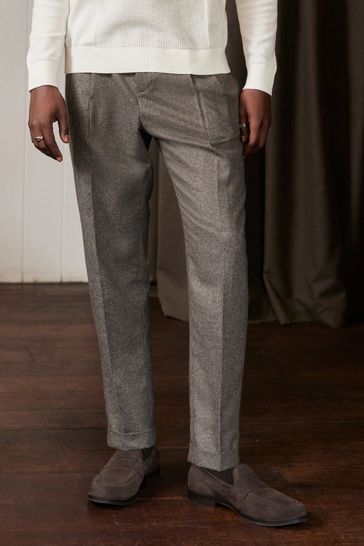 Textured Neutral Relaxed Tapered Nova Fides Italian Fabric Trousers With Wool