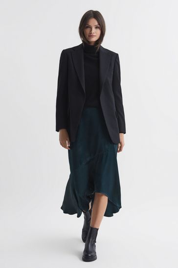 Reiss Teal Inga Satin High Rise Midi Skirt