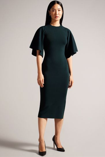 Ted Baker Green Lounia Fluted Sleeve Knitted Bodycon Midi Dress