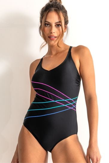 Pour Moi Black Multi Energy Chlorine Resistant Recycled V-Neck Linear Swimsuit