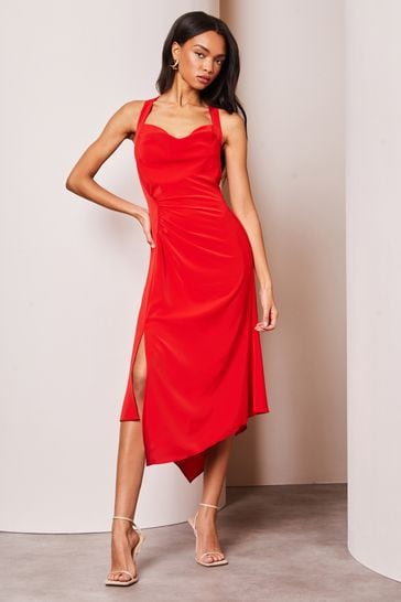 Lipsy Red Cowl Neck Drape Front Ruched Midi Dress
