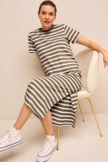 Neutral Maternity Stripe T Shirt Dress