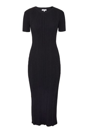 Another Sunday Knitted Ribbed Short Sleeve Black Midi Dress