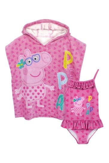Vanilla Underground Pink Girls Peppa Pig Swimsuit and Towel Poncho Set.