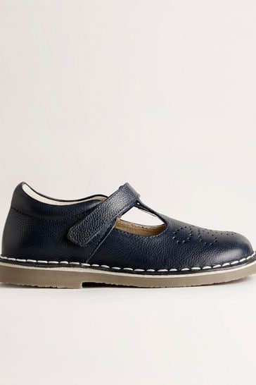 Boden Navy Leather T-Bar School Shoes