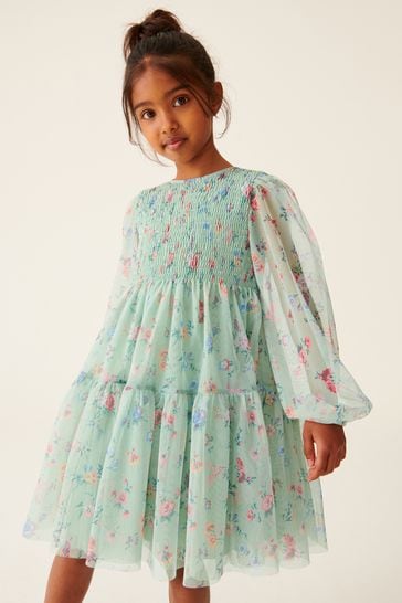 Buy Laura Ashley Green Shirred Printed Mesh Dress from Next Netherlands