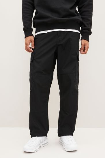Black Relaxed Fit Ripstop Cargo 100 Cotton Trousers
