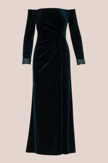 Buy Adrianna Papell Green Velvet Off The Shoulder Gown from Next Bahrain