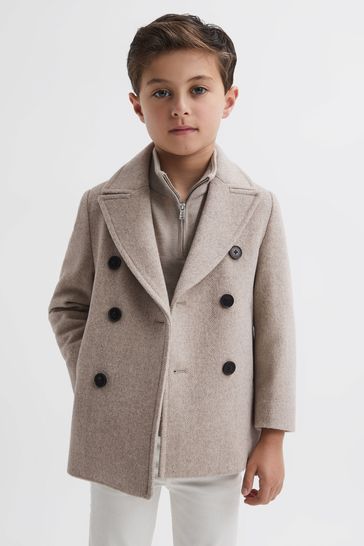 Reiss Oatmeal Bergamo Junior Wool Blend Double Breasted Peacoat