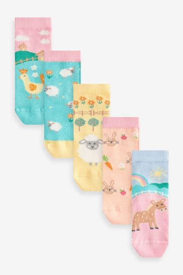 Pink and Green 5 Pack Cotton Rich Farm Character Ankle Socks