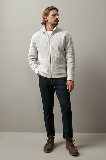 Ecru Cream Zip Through Regular Chenille Knitted Jumper
