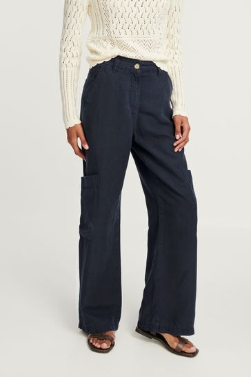 Buy Navy Blue TENCEL Linen Blend Cargo Wide Leg Trousers from