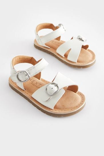 White Wide Fit (G) Leather Buckle Sandals