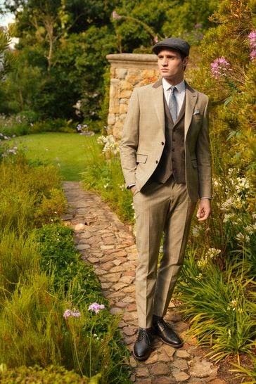 Taupe Brown Slim Fit Trimmed Check Suit Trousers