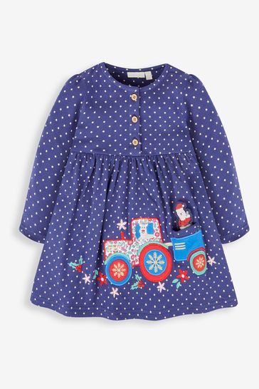 JoJo Maman Bébé Navy Santa in a Tractor Appliqué Button Front Dress