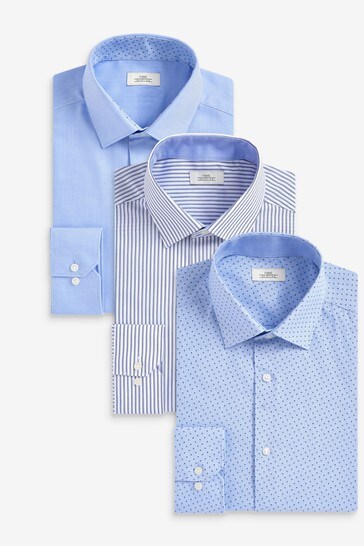 Blue Stripe And Print Slim Fit Single Cuff Shirts 3 Pack