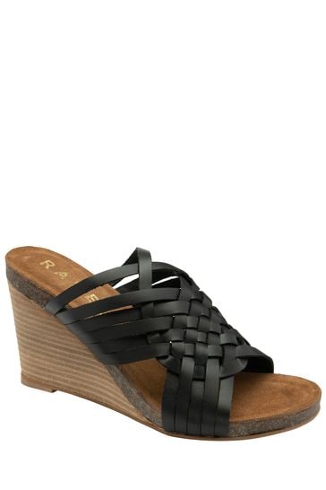 Ravel Black Leather Wedge Strappy Mule Sandals