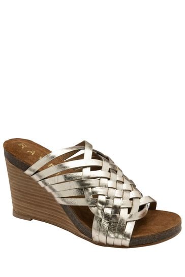 Ravel Gold Leather Wedge Strappy Mule Sandals