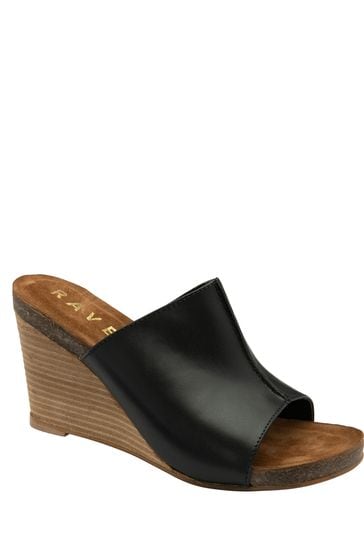 Ravel Black Leather Wedge Mule Sandals