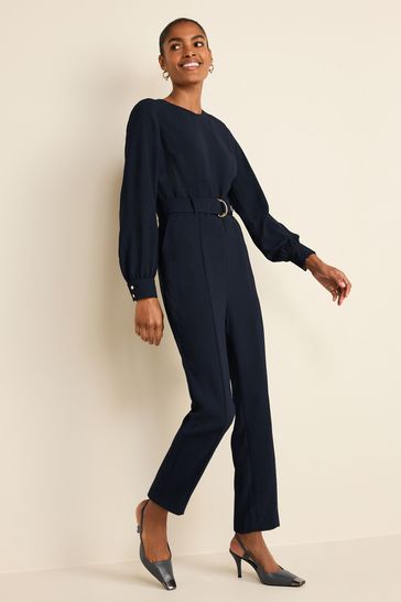 Navy Blue Crepe Long Sleeve Belted Taper Jumpsuit