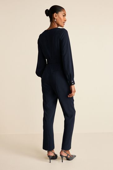 Navy Blue Crepe Long Sleeve Belted Taper Jumpsuit