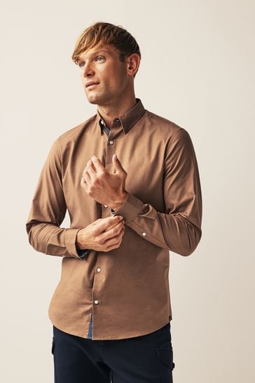 Brown Stretch Oxford Long Sleeve Shirt