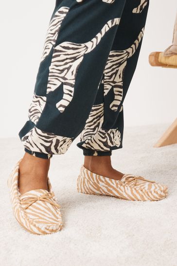 Tan Brown Zebra Faux Fur Lined Moccasin Slippers