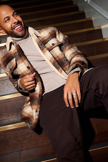 Rust check faux shearling collar shacket outlet