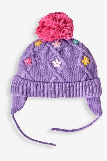JoJo Maman Bébé Lilac Girls' Floral Embroidered Cable Hat