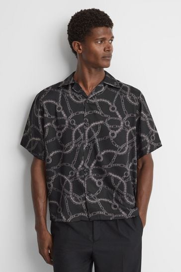 Reiss Black Quest Chain Print Cuban Collar Shirt
